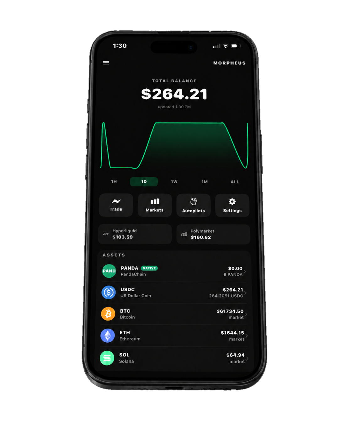 Morpheus multi-asset wallet — net-worth chart and assets